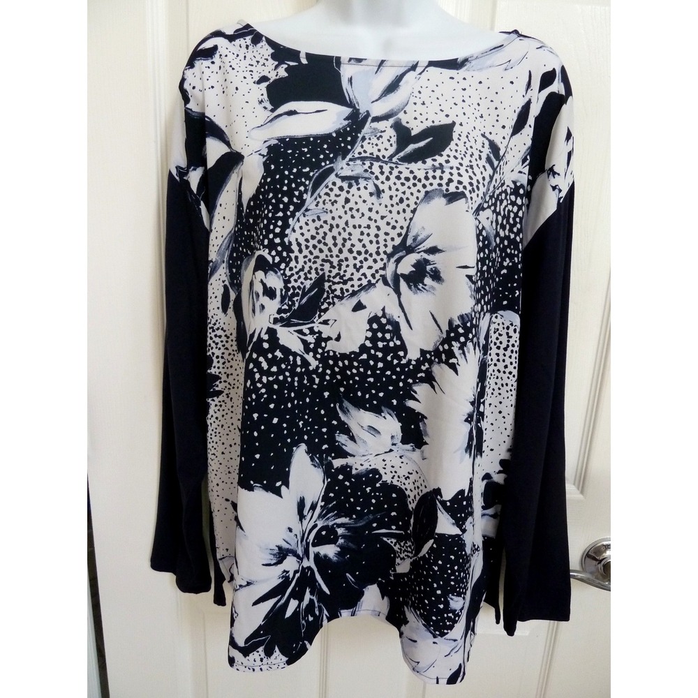 Chicos Size 2 Large Long Sleeve Pullover Top Career Floral Artsy Blue White